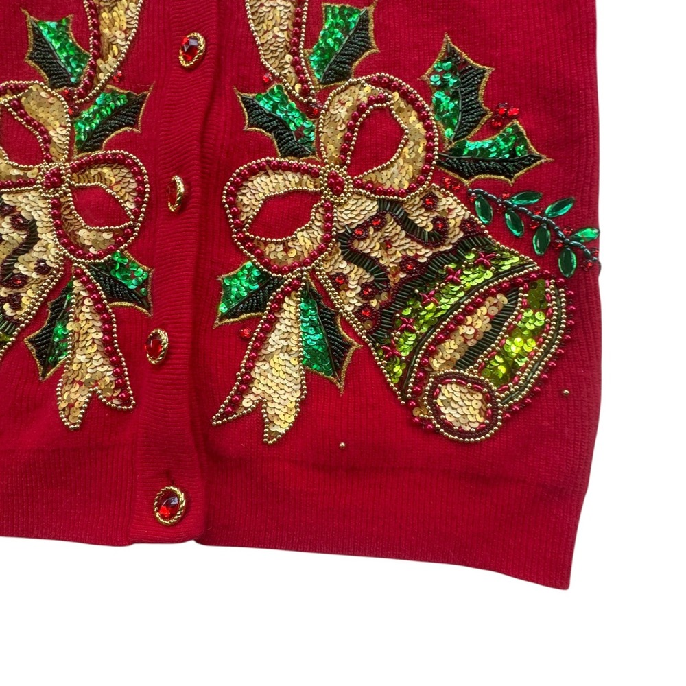 Marisa Christina Classics Christmas Bell Sequin Cardigan Women M Red Sweater VTG - Picture 9 of 13